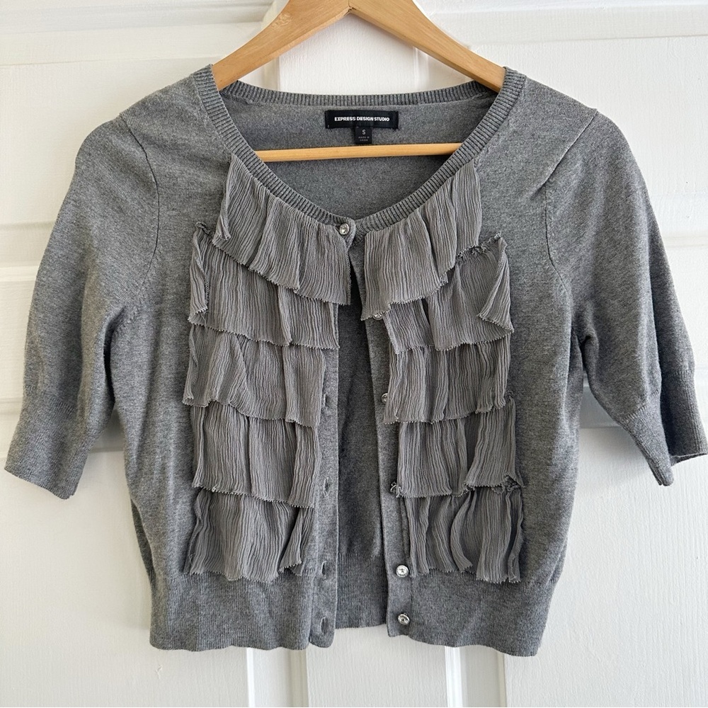 Express Y2K Gray Layered Ruffles Cardigan Sweater Silk Blend Preppy 90s Small